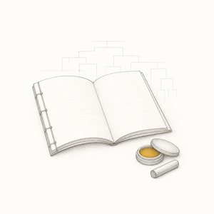 開いた和綴じの綴りと印鑑、うっすらとした家系図の線画