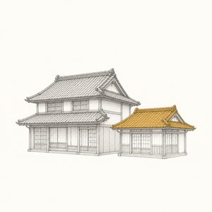 大小2軒の日本家屋が寄り添って並んでいる線画