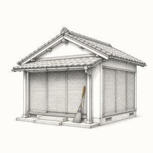 雨戸を閉めた古い平屋の模型と、玄関先の箒の線画