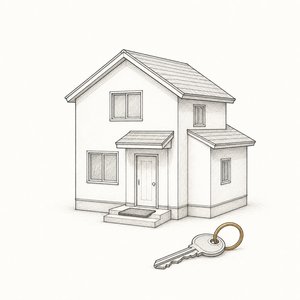 一戸建ての模型と、その前に置かれた鍵が1本ある線画