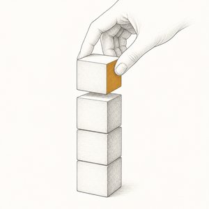 積んだ3つの木のブロックに、4つ目を手が載せようとしている線画