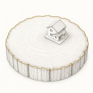年輪の見える切り株の上に家の模型が載っている線画