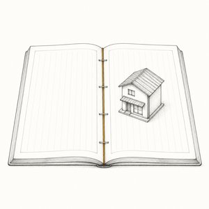 開いた台帳の上に家の模型が載っている線画