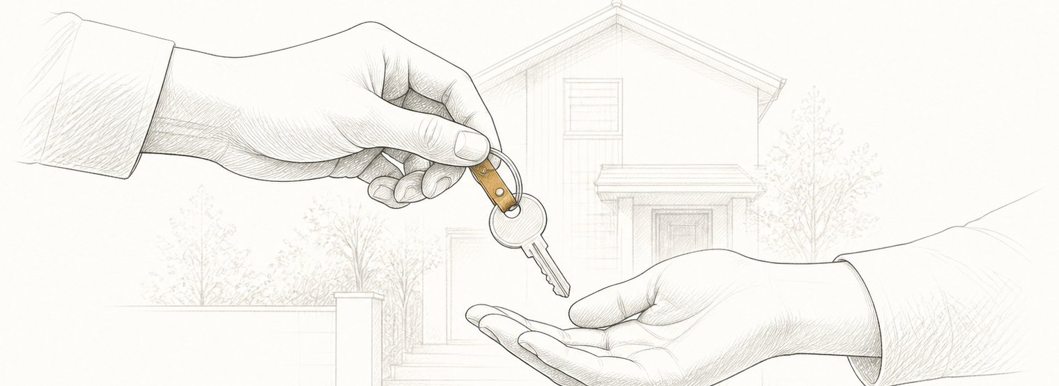 玄関先で鍵を手渡す2人の手元と、奥に一戸建ての輪郭が薄く見える鉛筆の線画
