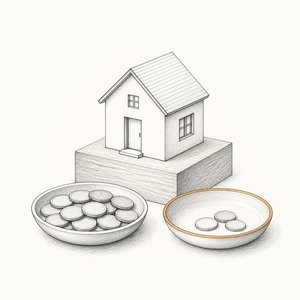 家の模型と、硬貨の量が違う2枚の小皿が並んでいる線画
