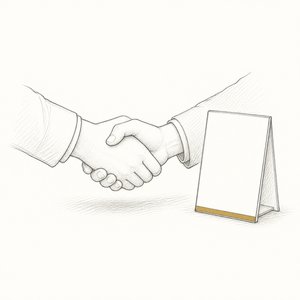 握手する2人の手元と、脇に立つ無地の小さな看板の線画