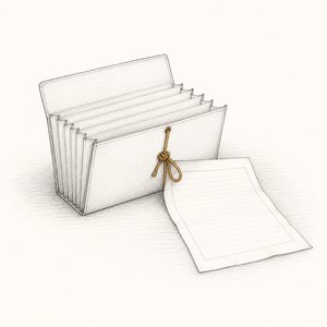 開いた蛇腹式の書類ホルダーから、古い契約書を1枚抜き出している線画