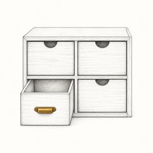4つある引き出しのうち1つだけが開いている木の整理箱の線画