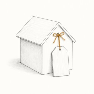 家の模型に無地の木札が紐で1枚だけ結ばれている線画