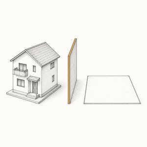 家の模型と四角い土地の区画が並び、その間に縁が金茶の木の仕切り板が立っている線画