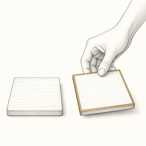 2枚の木札が左右に置かれ、縁が金茶の右の札だけを手が取り上げようとしている線画