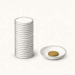 硬貨を高く積んだ山の隣に、硬貨が1枚だけ載った小皿がある線画
