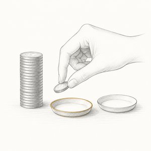 硬貨を積んだ大きな山の横で、手が2枚の小皿へ硬貨を取り分けている線画