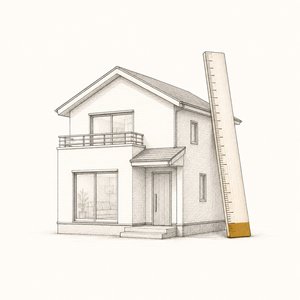 一戸建ての模型のそばに、目盛りだけの長い木の物差しが立てかけてある線画