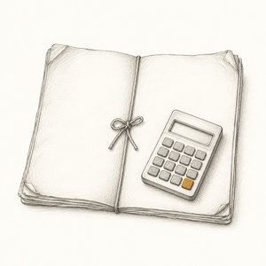 開いた古い売買契約書の上に、小さな電卓が載っている線画