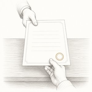 隅の印影だけが金茶の無地の証明書を、窓口のカウンター越しに1枚受け取っている手元の線画