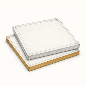 同じ大きさの木札が2枚少しずらして重ねて置かれ、下の1枚の縁だけが金茶の線画