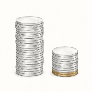 大きさの違う硬貨の山が2つ並び、右の低い山の裾だけが金茶の線画