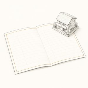 開いた無地の納税通知書と、その上に置かれた小さな家の模型の線画