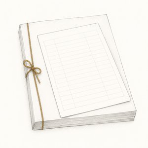 ひもで綴じた借入の契約書の上に返済予定表が重ねてあり、綴じひもだけが金茶の線画