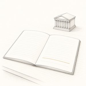 開いた契約書の1行に金茶の下線が引かれ、脇に小さな銀行の建物の模型がある線画