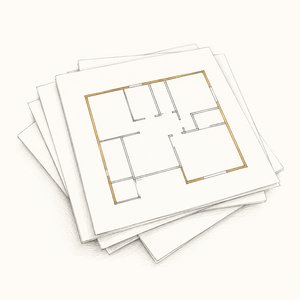 机に広げた無地の資料の束の上に、間取り図が1枚載っている線画