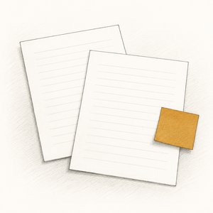 無地の査定書が2枚並び、下の1枚に金茶の付箋が貼られている線画