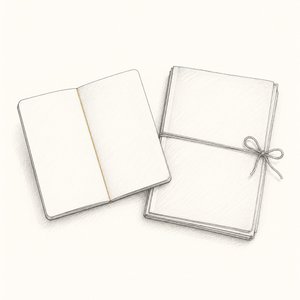 開いた通帳と、ひもで綴じた古い借入の契約書が机に並んでいる線画