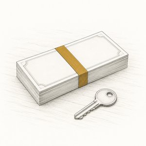 机に置き去りにされた、帯で束ねた紙幣の束と鍵が1本ある線画