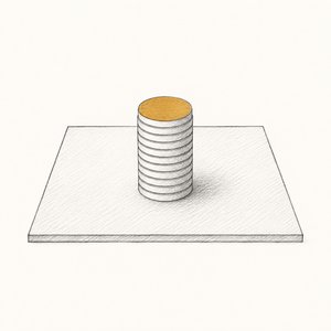 四角い土地の区画の上に、硬貨を積んだ山がそのまま載っている線画