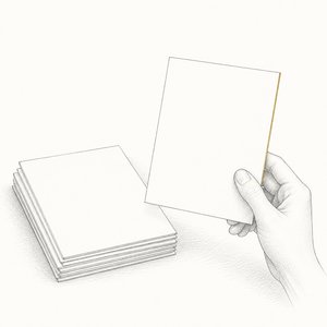 重ねた無地の請求書の束から、1枚だけを抜き取って脇に置いている手元の線画