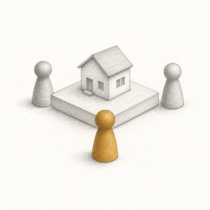 家の模型を囲む3つの駒のうち、1つだけが背を向けて金茶になっている線画