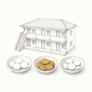 アパートの模型の手前に、硬貨の載った小皿が3枚並ぶ線画