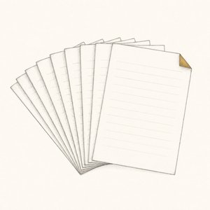 無地の帳簿のページが10枚、扇のように広がっている線画