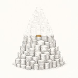 硬貨を高く積んだ山の上部4割が点線で描かれ、境目の1枚だけが金茶の線画
