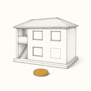 アパートの模型の窓のひとつが点線で空っぽに見え、手前に硬貨がある線画