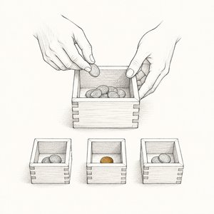 大きな升から小さな升3つへ硬貨を移し分けている手元の線画