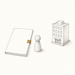 金茶の帯の保険証券の隣に人の駒があり、離れた会社ビルの模型には何も付いていない線画