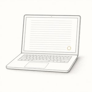 ノートパソコンの画面に無地の書類が表示されている線画