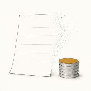 点線で消えかけた借用書の隣に、硬貨の山がある線画