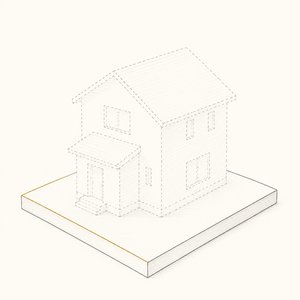 家の模型は点線で消えかけ、土地の区画だけがくっきり描かれた線画