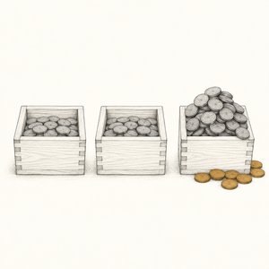 3つ並んだ升のうち、右端の1つだけ硬貨が溢れている線画