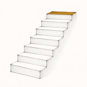 右上へ7段のぼる階段の線画。いちばん上の段だけが金茶