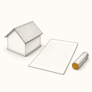 家の模型の横に、無地の売買契約書と印鑑がある線画