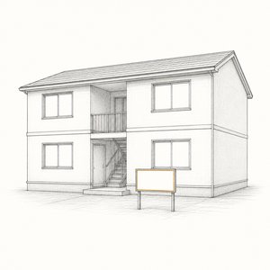 アパートの敷地の入口に、無地の四角い看板が立っている線画