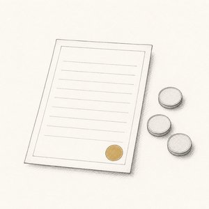 無地の請求書と、その横の硬貨3枚の線画