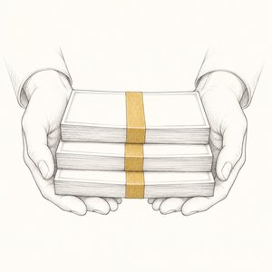 帯で束ねた紙幣の束を3つ重ねて両手で差し出している手元の線画