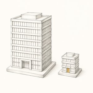 大きな会社ビルの模型と小さな会社ビルの模型が並ぶ線画
