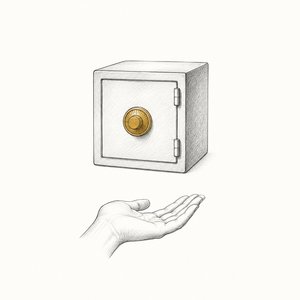 閉じた金庫の外に、手のひらを上に向けた片手が置かれている線画