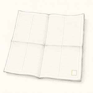 机に広げた無地の大判の紙の隅に、小さな枠が金茶で囲まれている線画